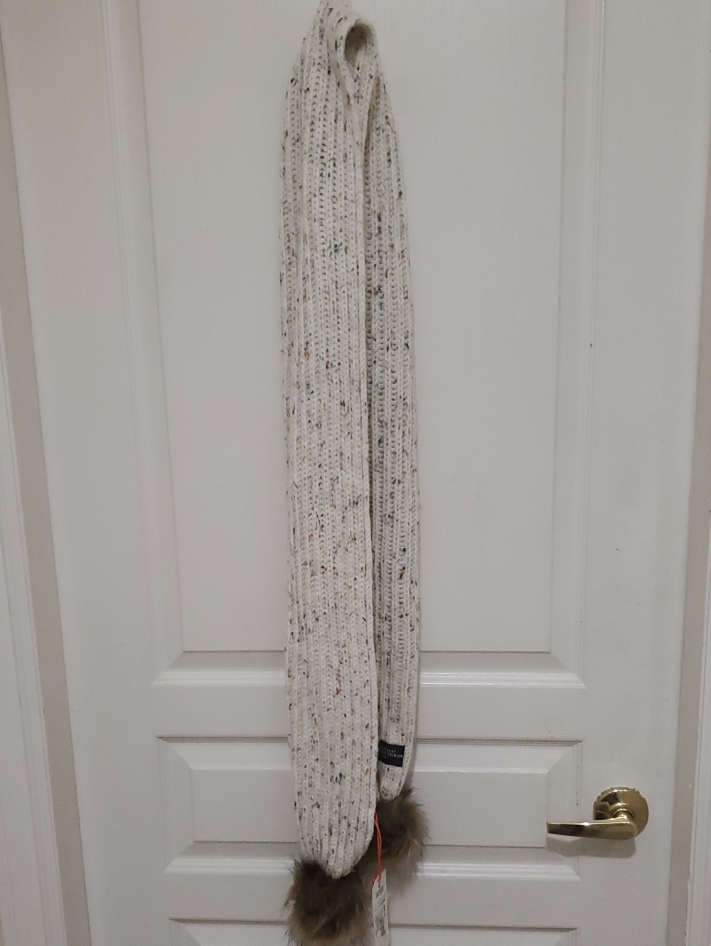 Superdry Cream Speckled Knit Scarf with Faux Fur Pom